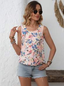 EMERY ROSE 休闲女式夏季度假圆领树叶花朵装饰背心 花卉背心 女式夏季上衣 女式夏季上衣 花朵上衣 夏季背心