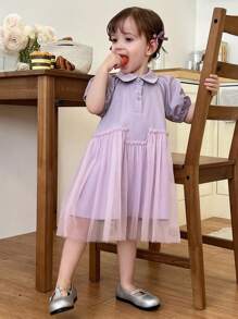 DAZY Baby Girls Summer Elegant Casual Mesh Patchwork Mid-Length Dress Toddler Girls Clothes - Purple - View 6