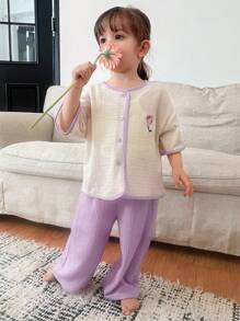 DAZY 女婴撞色卡通花朵印花短袖上衣和长裤睡衣套装 幼儿女童服装 - 紫色 - 查看 7