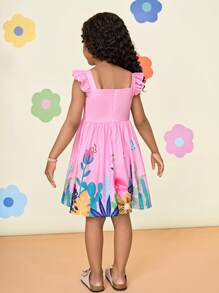 CutesyCutie  Young Girl Collared Snug Fit Dress With Cute Animal Print And Contrast Color - Green - View 2