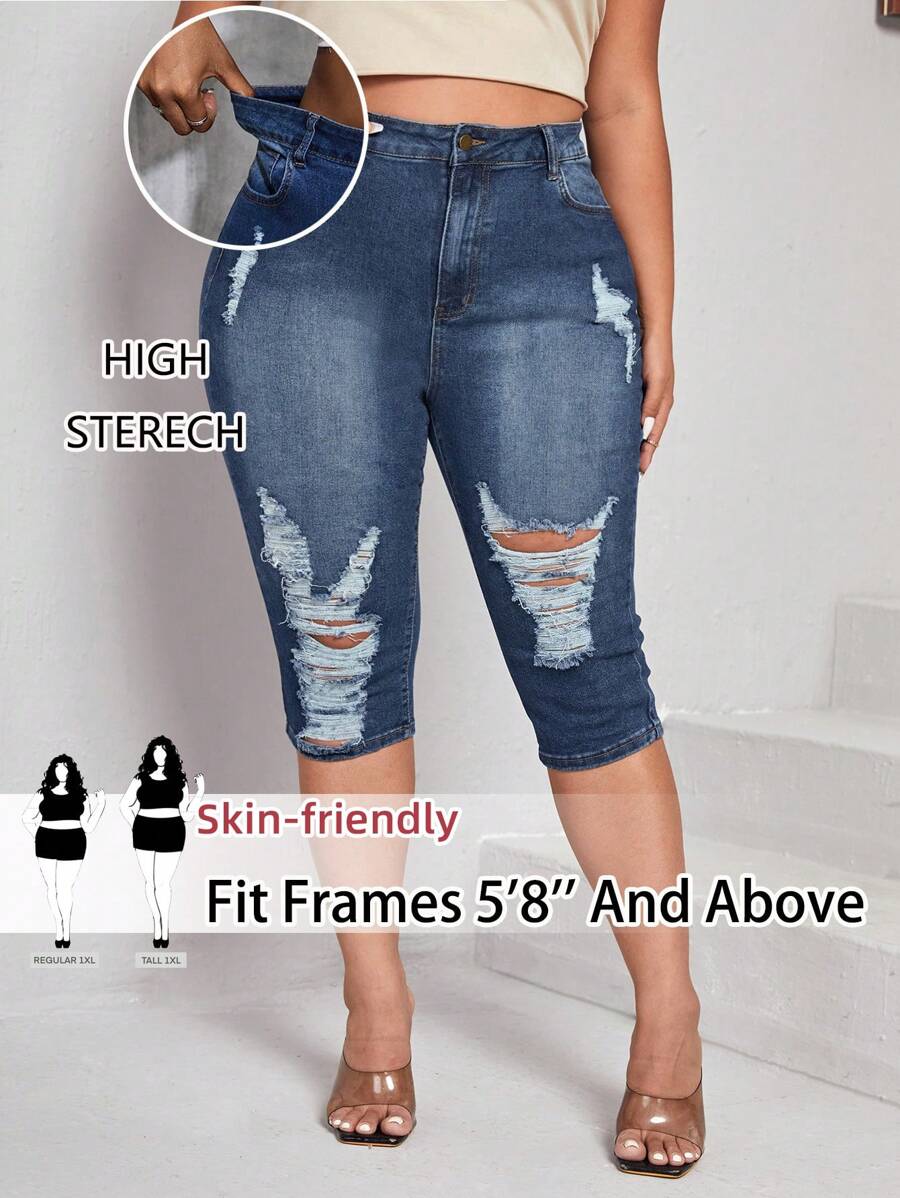 SHEIN Tall CURVE 加大码女式蓝色牛仔弹力破洞紧身裤 夏季女式夏季度假女式牛仔装女式西部装女式商务休闲女式节日机场装女式毕业典礼伊比沙岛海滩夏威夷女式音乐会女式邮轮装女式波西米亚风2025适合日常穿着7月4日女式牛仔裤 - 藍色 - 查看 1