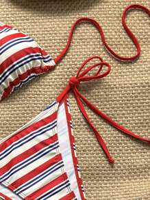 SHEIN Swim 3pcs Women Sexy 4th Of July Beachwear New Ladies Triangle Striped Print Top & Tie Side Bottom & Boyshorts High Elastic Tight Sexy Simple Bikini Set