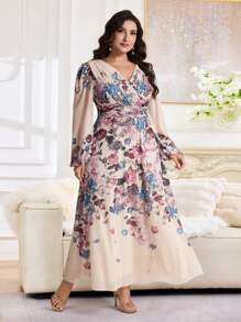 Modelyn Plus Size Women Floral Print Surplice V-Neck Lantern Sleeve Elegant Dress,Flowy Dress - Multicolor - View 7
