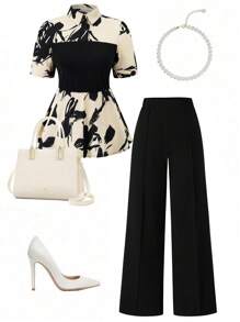 SHEIN Clasi Plus Size Women 2PCS Set Floral Print Short Sleeve Blouse And Pants, Casual - Multicolor - View 1