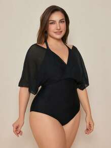 Swim Basics Summer Plus Size Blue & White Porcelain Print One Piece Swimsuit - Black - View 4