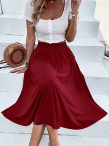 Breezaya Simple Solid Color Casual Vacation Skirt, Summer - Burgundy - View 4