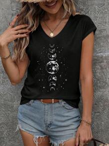 SHEIN LUNE 休闲新月印花V领修身女式T恤，适合夏季外出穿着，休闲百搭。 - 黑色 - 查看 6