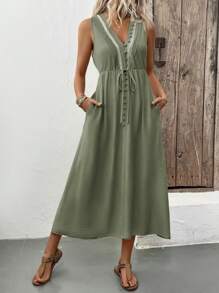 SHEIN Clasi Đầm không tay thắt eo thiết kế nút ngày lễ cho nữ - màu xanh lá - Xem 1