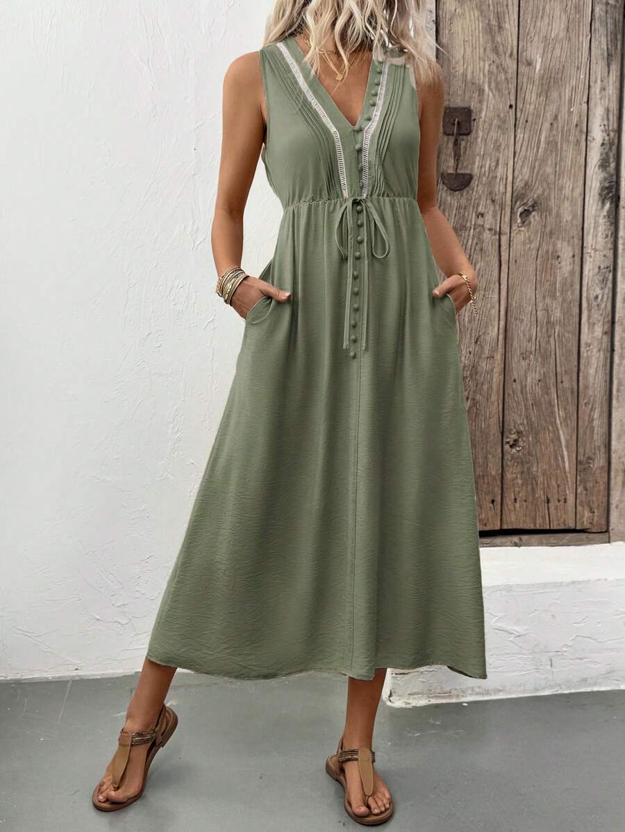 SHEIN Clasi Đầm không tay thắt eo thiết kế nút ngày lễ cho nữ - màu xanh lá - Xem 1