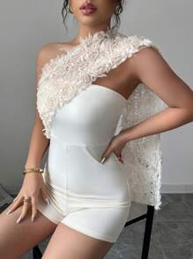 SHEIN Clasi Women's Floral Patchwork Decor Romper - Apricot - View 6