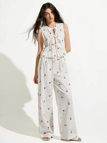 Aveloria GENKIRA Top com Bordado e Atacador + Calças Soltas de Cintura Elástica, Conjunto de 2 Peças, Estilo Doce, Roupa Leve de Verão para Mulher - Branco - Ver 6