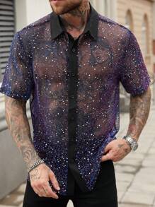 Manfinity Homme 男士性感亮片透视衬衫，夏季 - 米色 - 查看 3