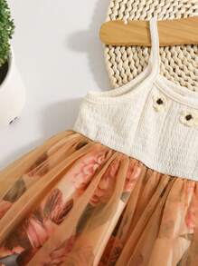 Young Girl Floral Print Mesh Panel Spaghetti Strap Vacation Dress