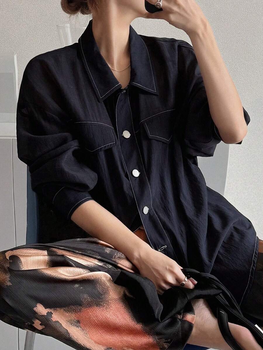 FRIFUL Women's Loose Fit Contrast Binding Line Splicing Linen Blend Baggy Shirt, Summer Long Sleeve Top - Blue - View 1