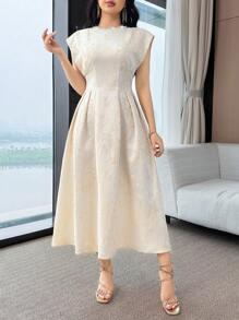 Modelyn Vestido elegante de longitud media con decoración de perlas falsas y jacquard floral para mujer - Albaricoque - Ver 3