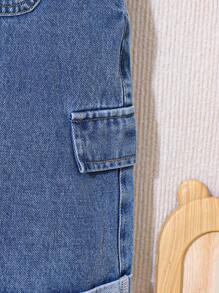 SHEIN Playful Pals 男婴休闲可爱百搭蓝色水洗牛仔背带裤（仅裤子） - 中等水洗藍 - 查看 7