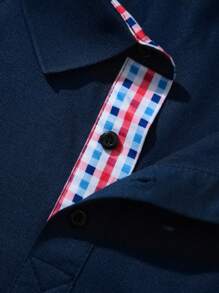 Manfinity Homme 大码男士休闲格子拼布 Polo 衫，夏季男士 Polo 衫，男士棉质 Polo 衫，适合情侣穿着，是送给男朋友或丈夫的绝佳礼物。 - 藍色 - 查看 5