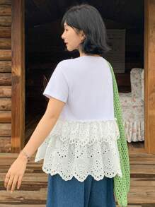 FRIFUL 女士圆领缝线下摆分层刺绣宽松休闲百搭T恤，假日 - 白色 - 查看 5