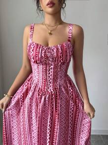 SHEIN Unity Rafferiza 女式浪漫情人节演唱会装度假生日连衣裙休闲连衣裙荷叶边前系带蝴蝶结可爱优雅粉红玫红色不对称水钻条纹印花吊带后背不对称腰部修身A字下摆2025夏季新款长裙 - 粉色 - 查看 5