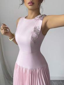 Elenzga Women's Bow-Knot Splicing Chiffon Pleated A-Line Dress - Pink - View 4