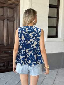 Pariaura 女士休闲百搭圆领抽绳豹纹褶皱无袖修身衬衫 - 彩色 - 查看 2