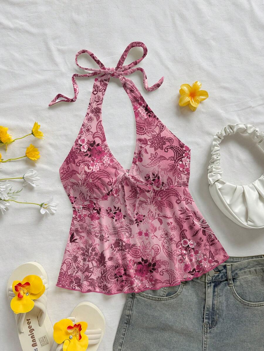 Soleia Áo Babydoll hở lưng cổ chữ V họa tiết hoa màu hồng cho kỳ nghỉ thường ngày của phụ nữ, thích hợp cho kỳ nghỉ hè - Hồng - Xem 1