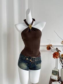 Elamini Women's Brass Metal Clasp Spaghetti Strap Top, Spring/Summer,Casual Daily Wear - Coffee Brown - View 1