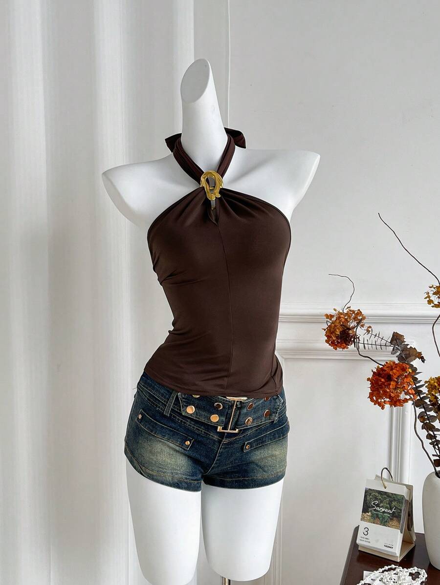 Elamini Women's Brass Metal Clasp Spaghetti Strap Top, Spring/Summer,Casual Daily Wear - Coffee Brown - View 1
