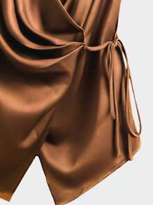 Franclia 女士时尚休闲深V领裹身领带衬衫 - 棕色 - 查看 4