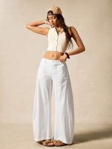 Easelle Quần ống rộng bằng vải cotton dệt kiểu bohemian màu trơn dành cho nữ mùa hè, kiểu quần ống loe xòe nhẹ, trang phục thanh lịch cho phái nữ. - trắng - Xem 7