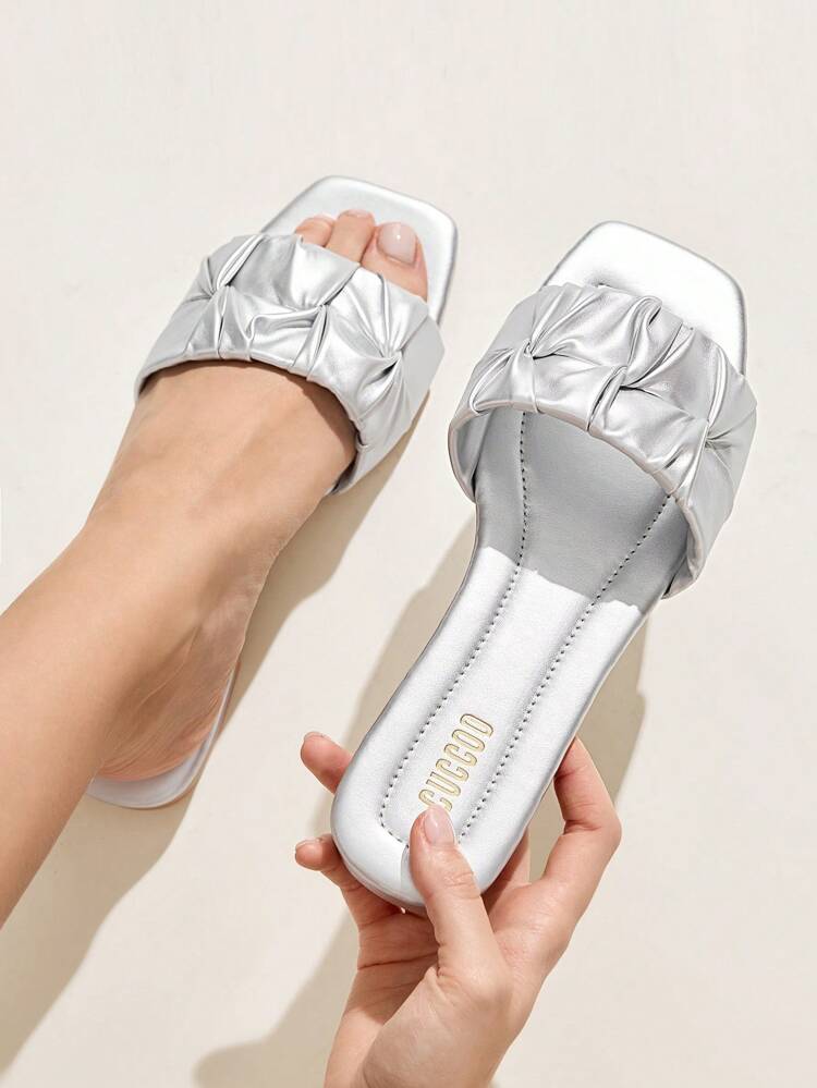 CUCCOO CHICEST Women's Pleated Twisted Toe Cap Design Flat Sandals, Elegant Casual Minimalist Unique Personalized Soft Lightweight Silver Metallic Material Ladies Flat Slides Beach Holiday Commute Shoes
