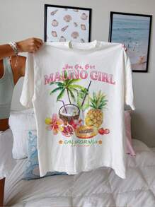SHEIN EZwear 超大号休闲女孩旅行度假水果花卉印花图案圆领短袖宽松T恤女式度假上衣 - 白色 - 查看 7