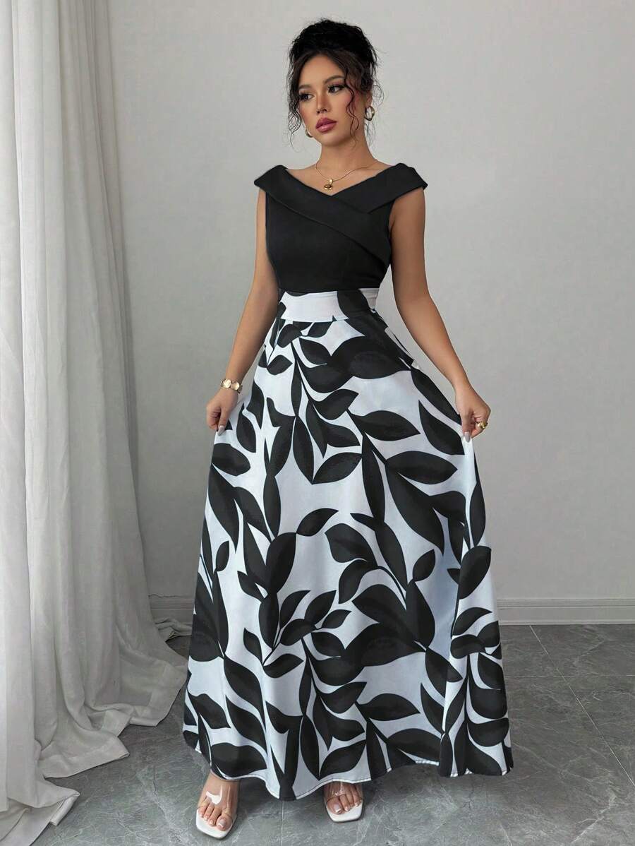 Elenzga 女式蓝色撞色印花设计V领高腰喇叭形休闲度假连衣裙 - 黑色 - 查看 1