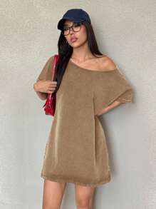 SHEIN EZwear 复古破洞不对称领口宽松T恤连衣裙，西部音乐节风格，夏季 - 卡其色 - 查看 5