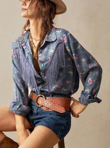 Bohemela 大码梭织印花长袖衬衫，夏季时尚