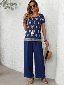 EMERY ROSE Set da 2 pezzi di maglietta con maniche corte e stampa e pantaloni a gamba dritta casual, per primavera/estate