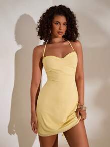 Opulessa Solid-Color Knitted Mesh Halter Mini Dress - Yellow - View 7
