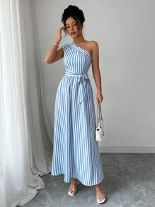 Elenzga Women 2025 Summer Asymmetric Shoulder Ruched Striped A-Line Dress - Blue and White - View 4