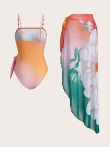 Swim Oasis Elegant Romantic Summer Beach Vacation Floral Sunset Gradient Color Jumper & Skirt 2-In-1 Premium Set - Multicolor - View 2