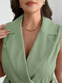 SHEIN Privé 大码女式绿色翻领短款阔腿连体裤，秋季开学新品 - 綠色 - 查看 4