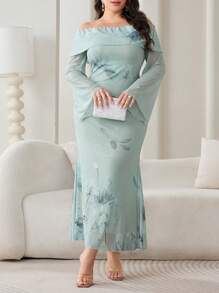 Modelyn Plus Size Off Shoulder Long Sleeve Dress, Fashionable For Summer - Green - View 4