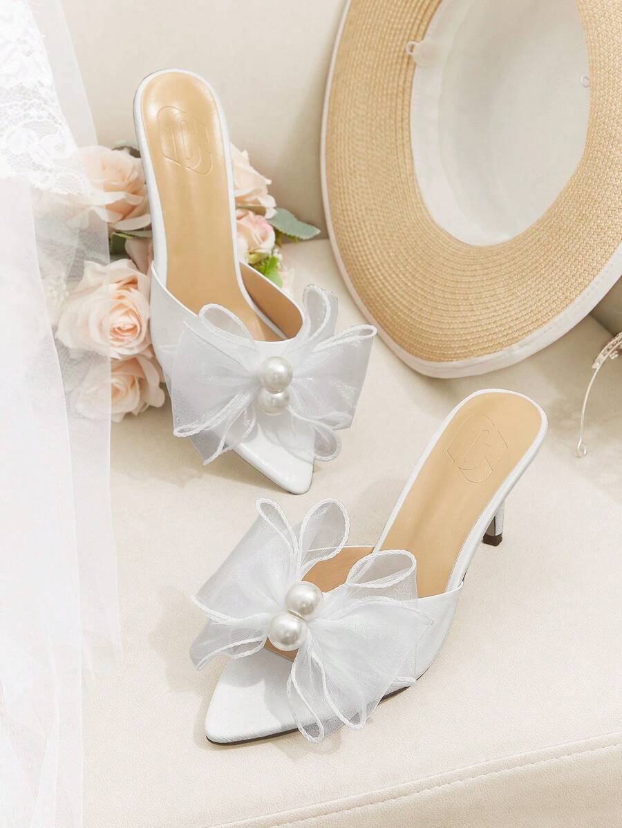 CUCCOO HITCHD Women's Pointy Toe High Heel Sandals With 2 Pearls & Mesh Bow Decor, Elegant & Romantic, Ideal For Wedding, Party Or Bridal, White - White - View 1