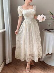 DAZY 女士全印花圆领侧开衩褶皱长连衣裙 - 粉色 - 查看 5