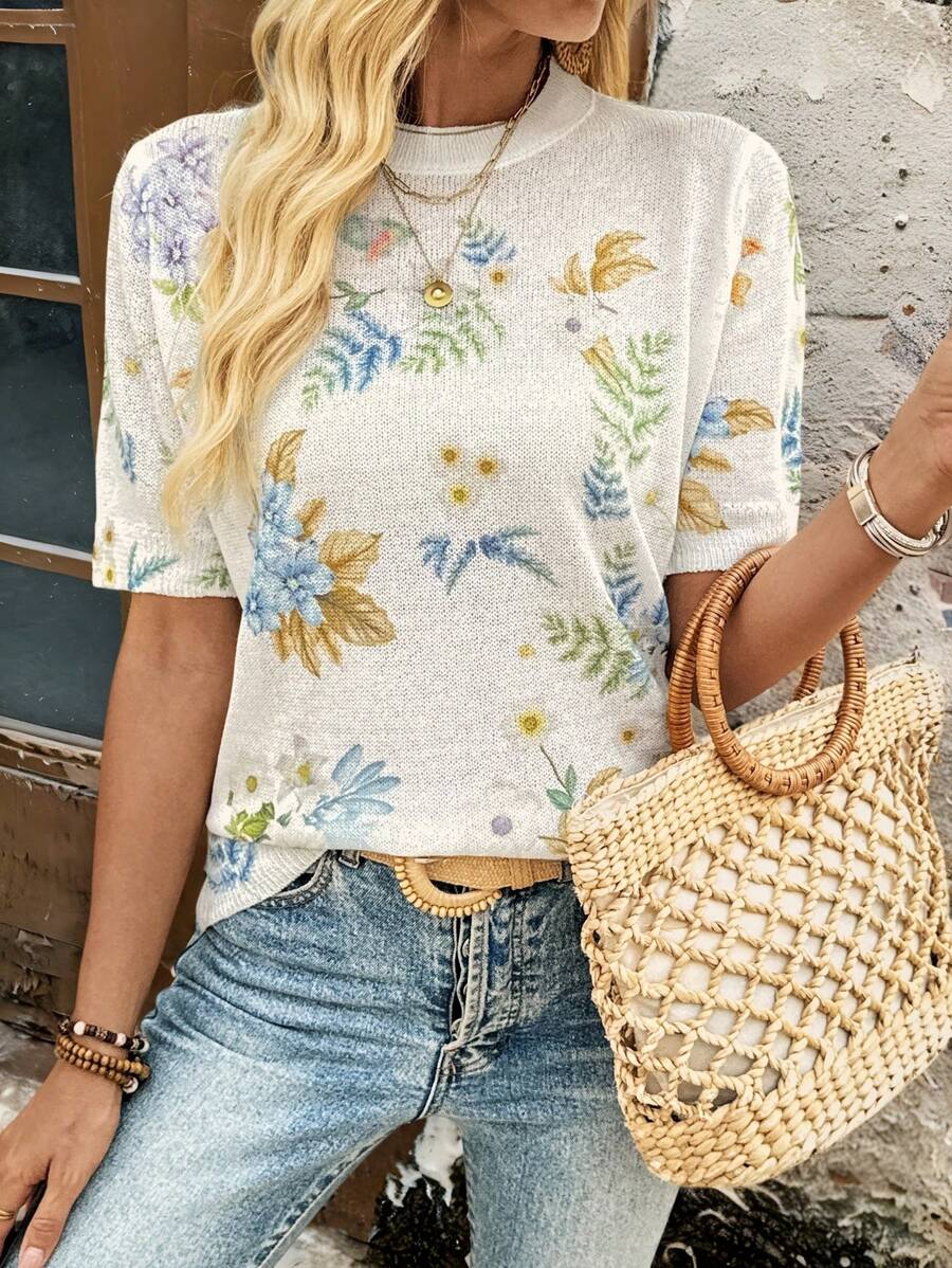 EMERY ROSE New Vintage Style Floral Print Round Neck Loose Lightweight Casual Sweater For Women, Spring - White - View 1