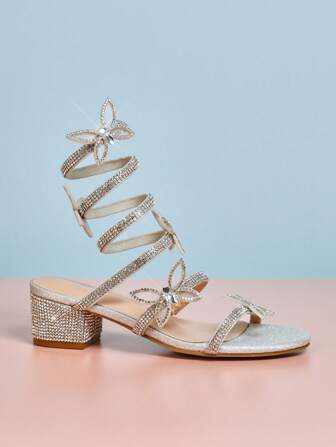 Mini mi Sandálias de Vestido de Salto Bloco com Tiras de Tornozelo em Espiral e Borboleta 3D Cristalizada #GlamCore para Meninas, Prateadas com Glitter, para Cosplay de Princesa