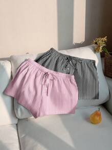 Comfortcana 2 件套女士黑白、粉白条纹休闲纽扣蝴蝶结细节短裤套装，适合夏季 - 彩色 - 查看 3