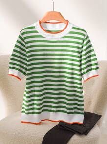 CosyJoli Plus Size Casual Striped Contrast Color Round Neck Short Sleeve Knit Top - Green - View 4