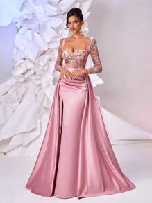 Glamrae Đầm maxi dáng đuôi cá sang trọng, thanh lịch với chất liệu satin đính cườm và sequin màu ngọc lục bảo, cổ áo hình trái tim, tay áo xuyên thấu, xẻ tà cao và bèo nhún cỡ lớn, thích hợp cho dạ hội, tiệc tùng, đám cưới hoặc ngày Valentine. - Màu Hồng baby - Xem 8