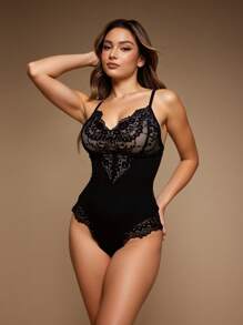 Women's Lace Patchwork Spaghetti Strap Slim Fit Bodysuit UnderwearOuter - Black - View 5