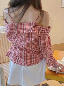 DAZY Color Block Plaid Off Shoulder Long Sleeve Tie-Waist Casual Holiday Summer Blouse For Women - Red - View 2